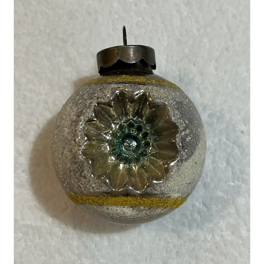 Vintage Mini Radko Shiny Brite Flocked Yellow Indent Ball Mercury Glass
